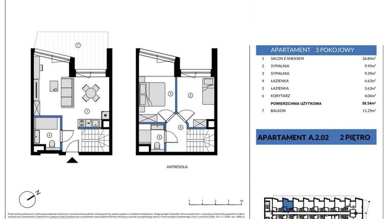 Rzut - Mieszkanie na sprzedaż 3 pokoje o powierzchni 58,54 m² - numer A.2.02 w Wind Yacht