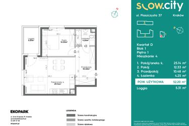 Rzut - Mieszkanie na sprzedaż 2 pokoje o powierzchni 52,2 m² - numer D1-4 w Slow City etap D