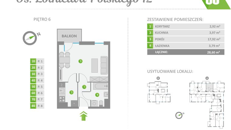 Rzut - Mieszkanie na sprzedaż 1 pokój o powierzchni 28,6 m² - numer 60 w Os. Lotnictwa Polskiego 12
