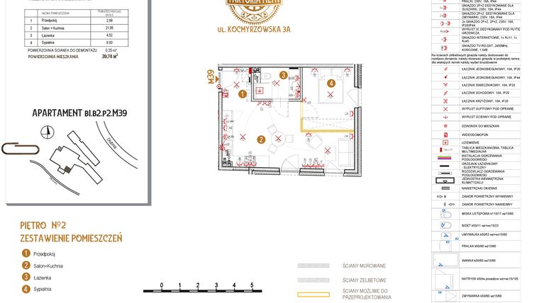 Rzut - Mieszkanie na sprzedaż 2 pokoje o powierzchni 39,74 m² - numer B1.B2.P2.M39 w Faktoria Młyn