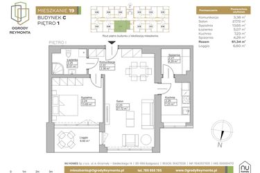 Rzut - Mieszkanie na sprzedaż 2 pokoje o powierzchni 61,34 m² - numer M19 w Ogrody Reymonta