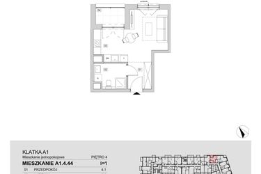 Rzut - Mieszkanie na sprzedaż 1 pokój o powierzchni 28,1 m² - numer A1.4.44 w ATAL Floriana