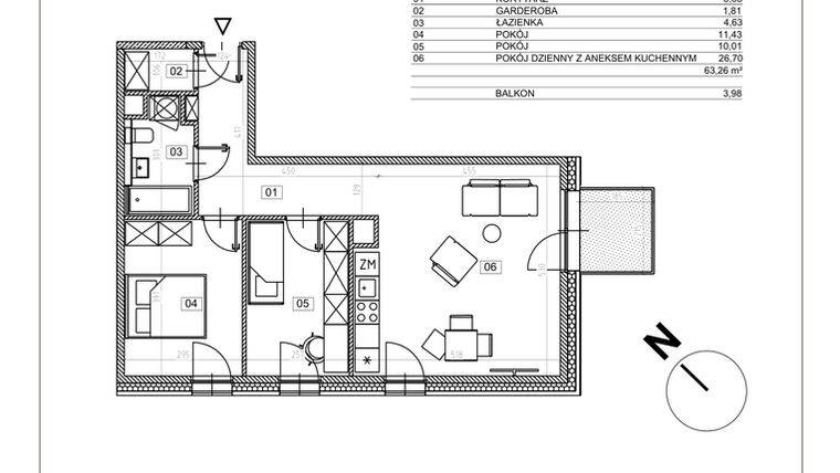 Rzut - Mieszkanie na sprzedaż 3 pokoje o powierzchni 63,26 m² - numer I.M16 w Osiedle Glivia Zachodnia