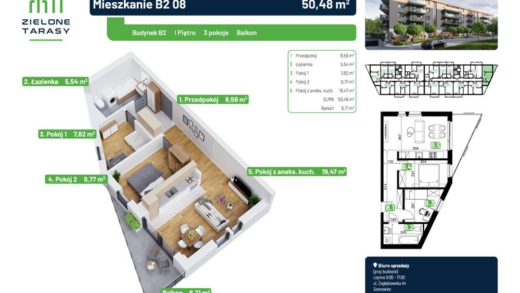 Rzut - Mieszkanie na sprzedaż 3 pokoje o powierzchni 50,48 m² - numer B2.08 w Zielone Tarasy