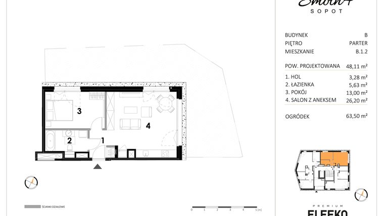 Rzut - Mieszkanie na sprzedaż 2 pokoje o powierzchni 48,11 m² - numer B.1.2 w Smolna 4