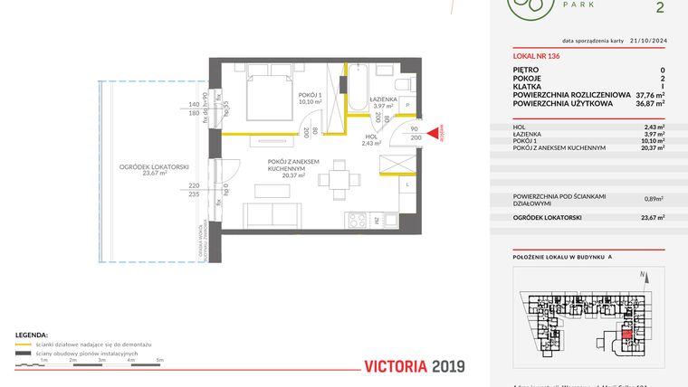 Rzut - Mieszkanie na sprzedaż 2 pokoje o powierzchni 37,76 m² - numer A.136 w Olchowy Park II