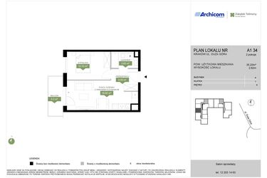 Rzut - Mieszkanie na sprzedaż 2 pokoje o powierzchni 35,2 m² - numer A1 34 w Zakątek Telimeny