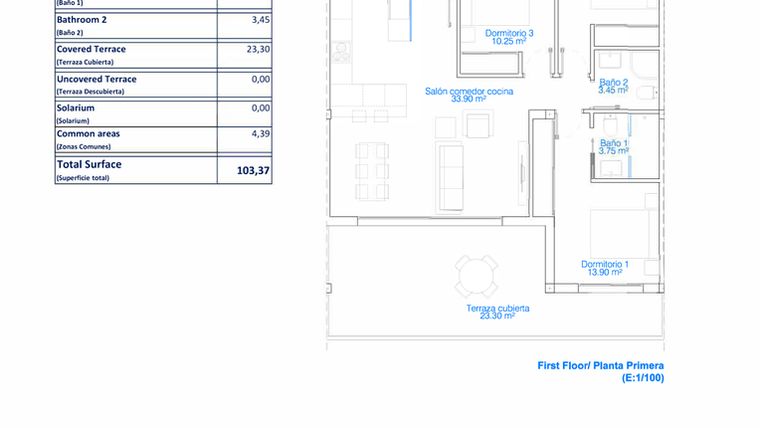 Rzut - Mieszkanie na sprzedaż 3 pokoje o powierzchni 103,37 m² - numer 1-2.8 w Mieszkania w Pilar de la Horadada - 73811377