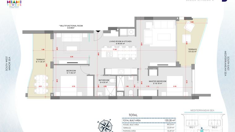Rzut - Mieszkanie na sprzedaż 3 pokoje o powierzchni 119,58 m² - numer P4-BL3-B w Miami Towers