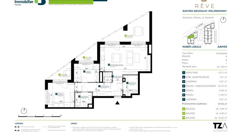 Rzut - Mieszkanie na sprzedaż 3 pokoje o powierzchni 67,95 m² - numer AA0103 w Rêve