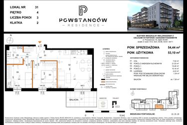 Rzut - Mieszkanie na sprzedaż 3 pokoje o powierzchni 53,04 m² - numer 31 w Powstańców Residence