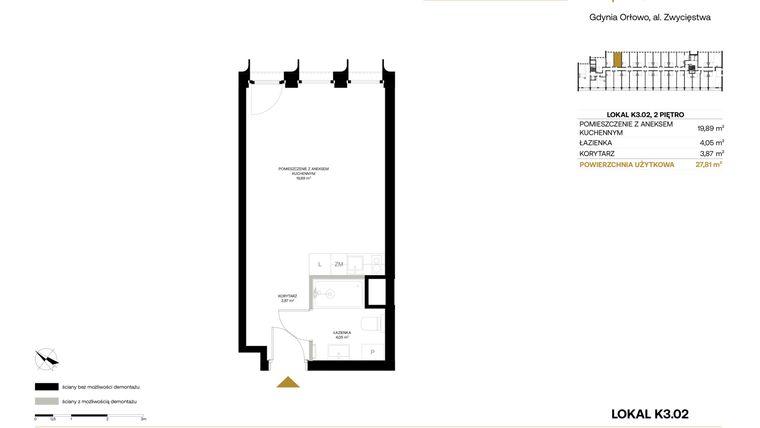 Rzut - Mieszkanie na sprzedaż 1 pokój o powierzchni 27,81 m² - numer K3.02 w Orłowo Square - Apartamenty inwestycyjne