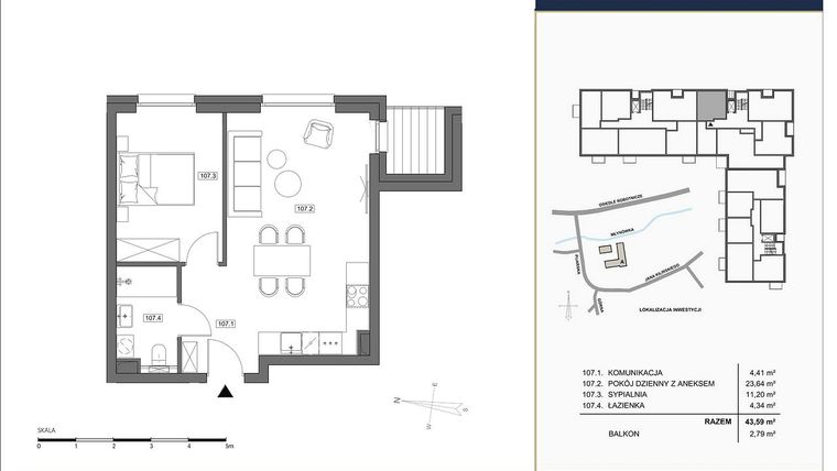 Rzut - Mieszkanie na sprzedaż 2 pokoje o powierzchni 43,59 m² - numer A.107 w Nowa Młynówka