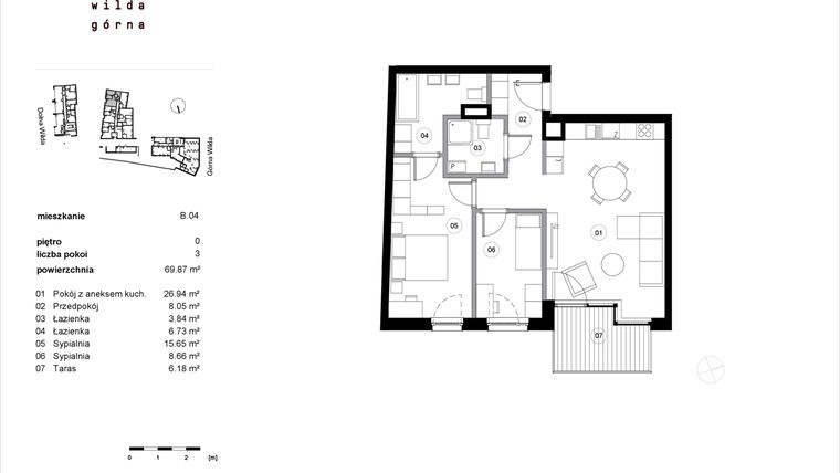 Rzut - Mieszkanie na sprzedaż 3 pokoje o powierzchni 69,87 m² - numer B.04 w Dolna Górna Wilda