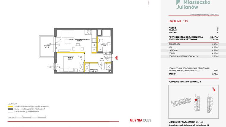 Rzut - Mieszkanie na sprzedaż 2 pokoje o powierzchni 38,47 m² - numer 115 w Miasteczko Julianów