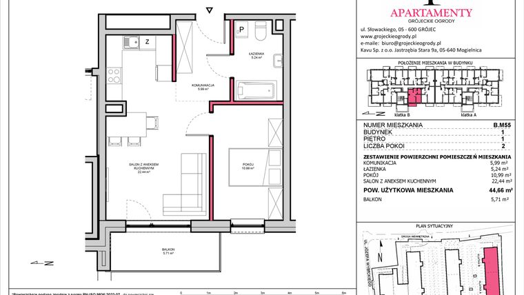 Rzut - Mieszkanie na sprzedaż 2 pokoje o powierzchni 44,66 m² - numer B.55 w Apartamenty Grójeckie Ogrody