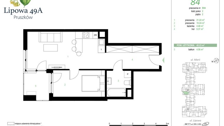 Rzut - Mieszkanie na sprzedaż 2 pokoje o powierzchni 45,23 m² - numer 84B w Lipowa 49A - Apartamenty inwestycyjne