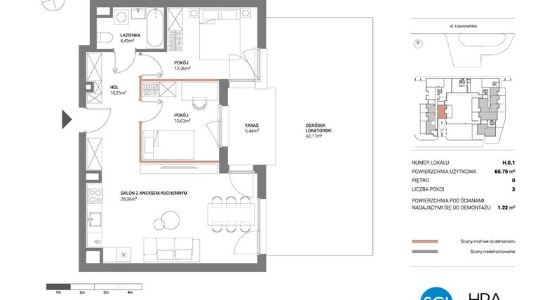 Rzut - Mieszkanie na sprzedaż 3 pokoje o powierzchni 65,79 m² - numer H.0.1 w Łopuszańska 47 - etap 3