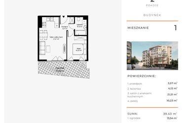Rzut - Mieszkanie na sprzedaż 2 pokoje o powierzchni 39,43 m² - numer 1 w Bytkowska 4.0