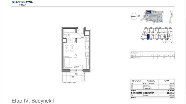 Rzut - Mieszkanie na sprzedaż 1 pokój o powierzchni 25,08 m² - numer I0564 w Park Skandynawia V