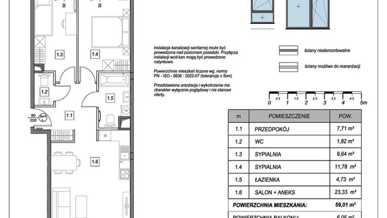 Rzut - Mieszkanie na sprzedaż 3 pokoje o powierzchni 59,01 m² - numer B.2.1 w #NaSwoim2
