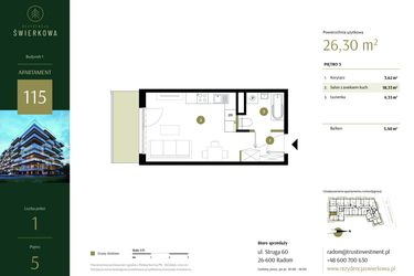 Rzut - Mieszkanie na sprzedaż 1 pokój o powierzchni 26,3 m² - numer 115 w Rezydencja Świerkowa
