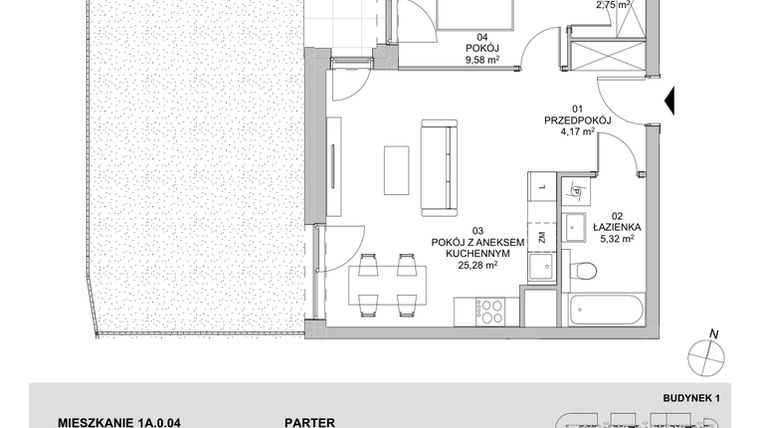 Rzut - Mieszkanie na sprzedaż 2 pokoje o powierzchni 47,1 m² - numer 1A.0.04 w Francuska Park VIIIB