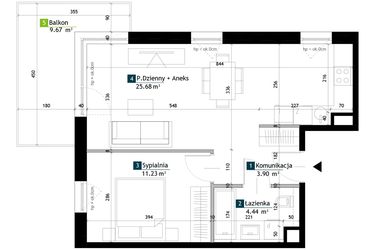 Rzut - Mieszkanie na sprzedaż 2 pokoje o powierzchni 45,25 m² - numer BE0205 w Viva Cité