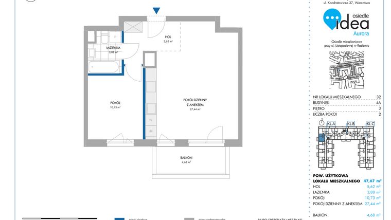 Rzut - Mieszkanie na sprzedaż 2 pokoje o powierzchni 47,73 m² - numer 4A/32 w Osiedle Idea Aurora