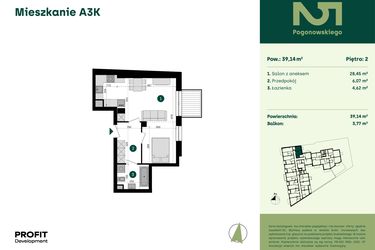 Rzut - Mieszkanie na sprzedaż 1 pokój o powierzchni 39,14 m² - numer POGO2/A/3K w Pogonowskiego 52