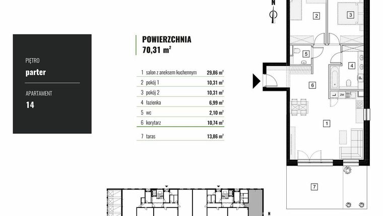 Rzut - Mieszkanie na sprzedaż 3 pokoje o powierzchni 70,31 m² - numer M.14 w Zielony Horyzont