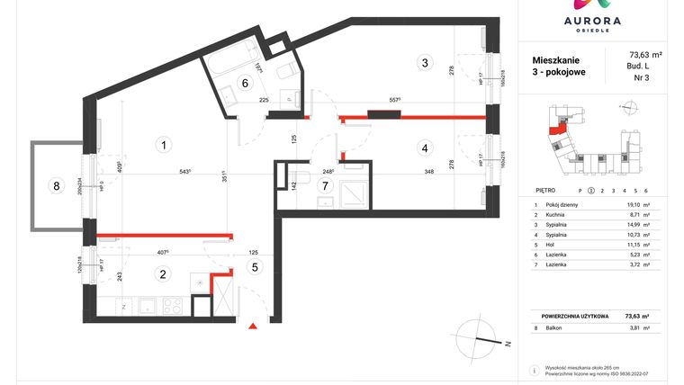 Rzut - Mieszkanie na sprzedaż 3 pokoje o powierzchni 73,63 m² - numer L-3 w Osiedle Aurora - bud. L