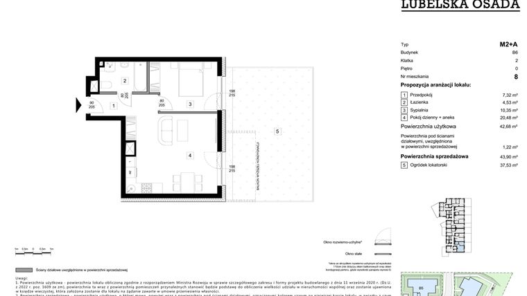 Rzut - Mieszkanie na sprzedaż 2 pokoje o powierzchni 43,9 m² - numer B6.8 w Lubelska Osada budynek B6