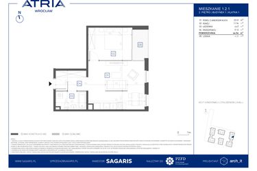 Rzut - Mieszkanie na sprzedaż 2 pokoje o powierzchni 44,54 m² - numer 1.2.1 w Atria Nowe Żerniki