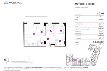 Rzut - Mieszkanie na sprzedaż 4 pokoje o powierzchni 64,56 m² - numer 1.C.3.01 w Murapol Scarpa