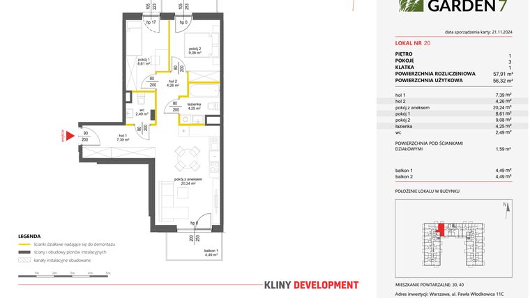 Rzut - Mieszkanie na sprzedaż 3 pokoje o powierzchni 57,91 m² - numer 20 w Nova Viva Garden 7