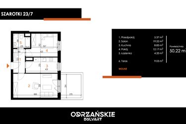 Rzut - Mieszkanie na sprzedaż 2 pokoje o powierzchni 50,22 m² - numer 23/7 w Odrzańskie Bulvary