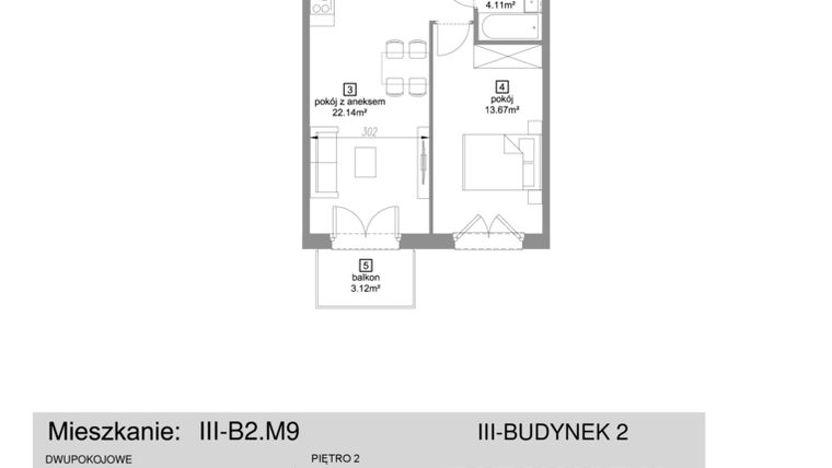 Rzut - Mieszkanie na sprzedaż 2 pokoje o powierzchni 44,83 m² - numer III-B2.M9 w Strefa Cegielnia 3