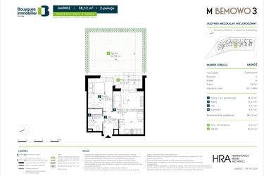Rzut - Mieszkanie na sprzedaż 2 pokoje o powierzchni 38,12 m² - numer AA0002 w M Bemowo 3