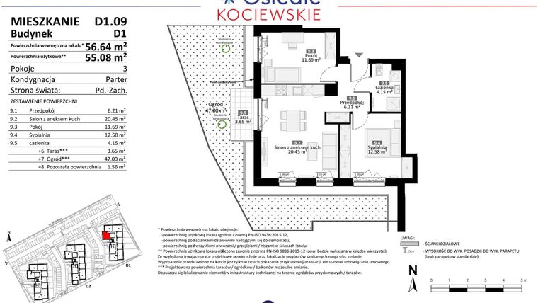 Rzut - Mieszkanie na sprzedaż 3 pokoje o powierzchni 55,08 m² - numer D1.09 w Osiedle Kociewskie etap III
