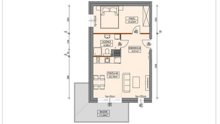 Rzut - Mieszkanie na sprzedaż 2 pokoje o powierzchni 43,72 m² - numer B3.2.17.2a w Stegna Park II