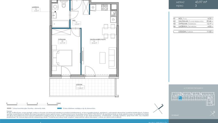 Rzut - Mieszkanie na sprzedaż 2 pokoje o powierzchni 43,97 m² - numer 1.1.3.04 w Nordic Powstańców Śląskich