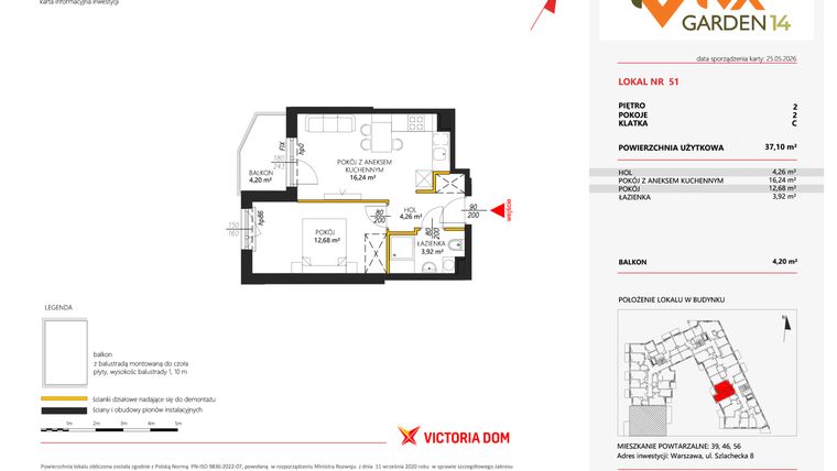 Rzut - Mieszkanie na sprzedaż 2 pokoje o powierzchni 37,1 m² - numer 51 w Viva Garden 14