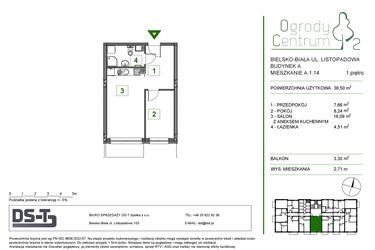 Rzut - Mieszkanie na sprzedaż 2 pokoje o powierzchni 36,5 m² - numer A.1.14 w Ogrody Centrum 2