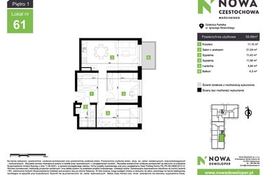 Rzut - Mieszkanie na sprzedaż 3 pokoje o powierzchni 59,99 m² - numer M61 w Nowa Częstochowa Mościckiego