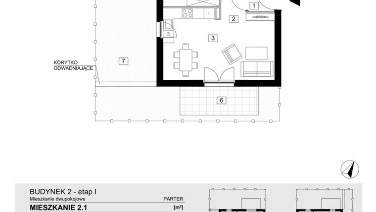 Rzut - Mieszkanie na sprzedaż 2 pokoje o powierzchni 43,36 m² - numer 2.1 w Jasieny