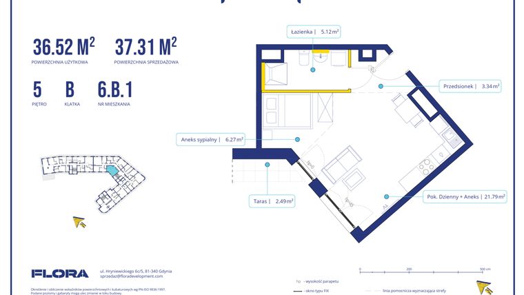 Rzut - Mieszkanie na sprzedaż 1 pokój o powierzchni 36,52 m² - numer 6B1 w Piotra 4