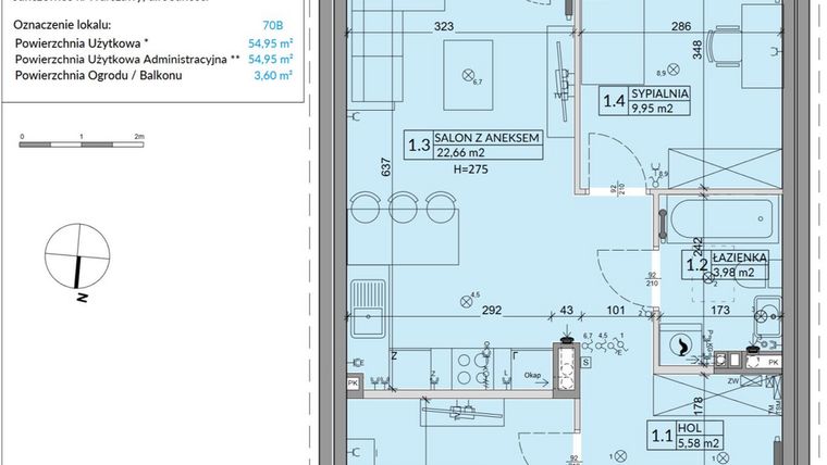 Rzut - Mieszkanie na sprzedaż 3 pokoje o powierzchni 54,95 m² - numer 70B w Osiedle Młodych etap VII