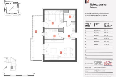 Rzut - Mieszkanie na sprzedaż 2 pokoje o powierzchni 42,19 m² - numer M-163 w Nałęczowska etap II
