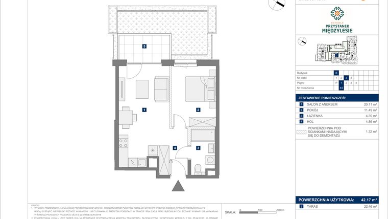 Rzut - Mieszkanie na sprzedaż 2 pokoje o powierzchni 42,17 m² - numer B.44 w Osiedle Przystanek Międzylesie